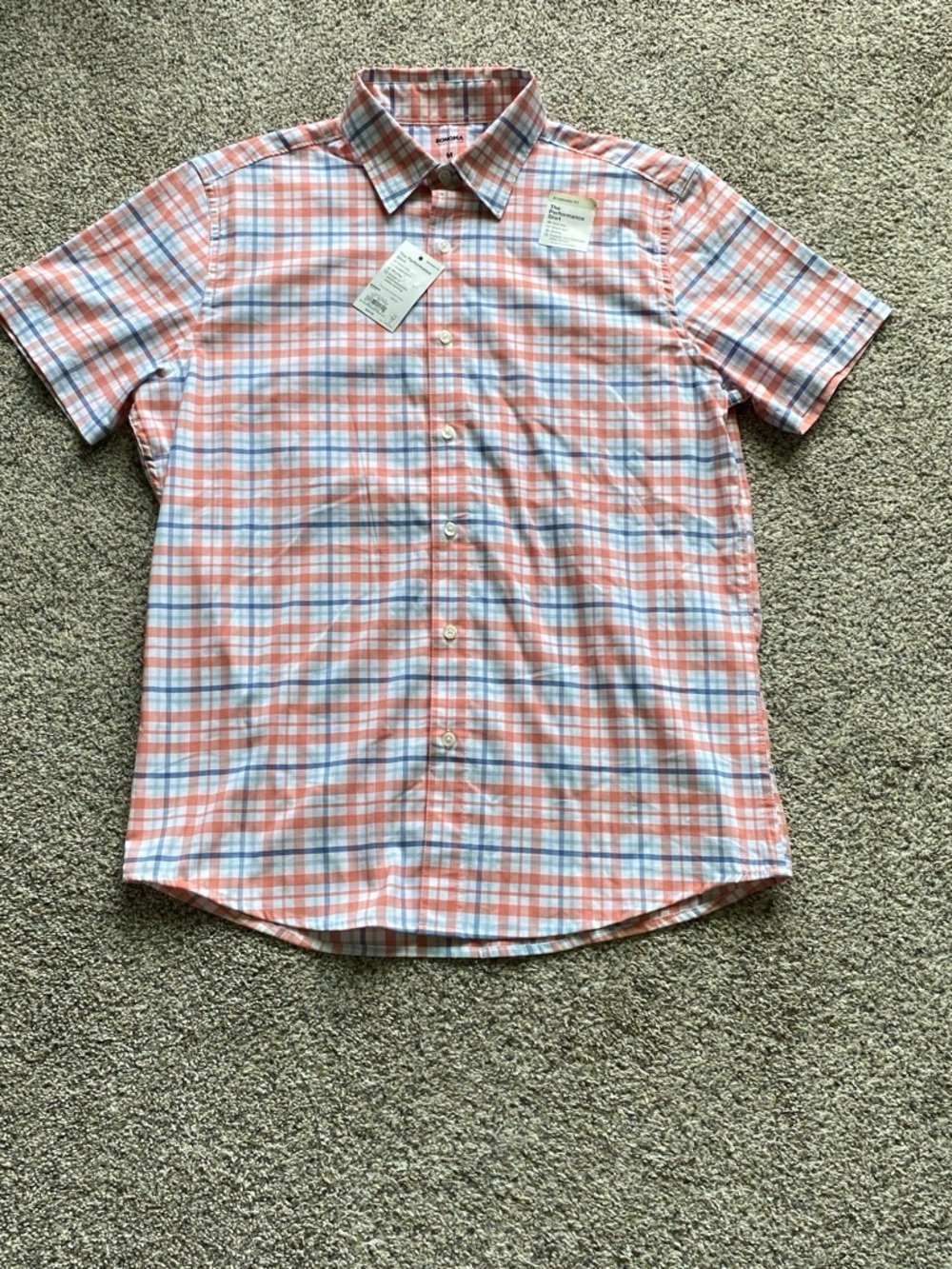 Sonoma Mens Coral and Light Blue Plaid Short-Sleeve Button-Down Shirt